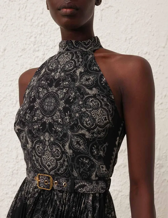 Women Clothing Zimmermann Sunray Halter Picnic Dress Black Paisley