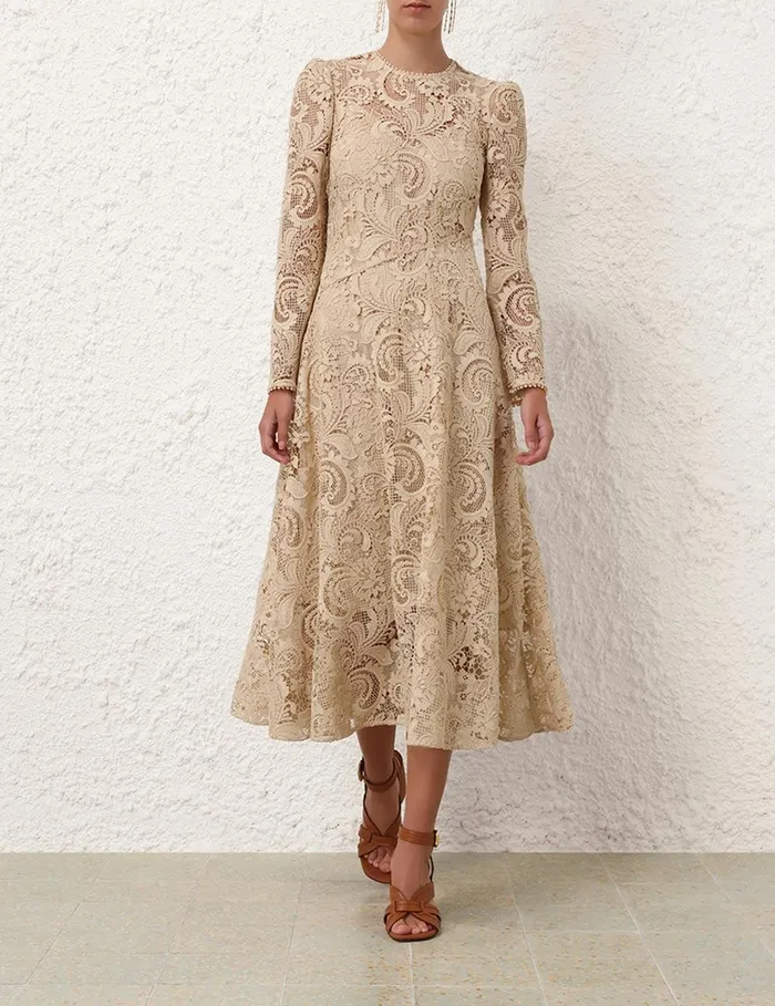 Women Clothing Zimmermann Waverly Lace Midi Dress Taupe