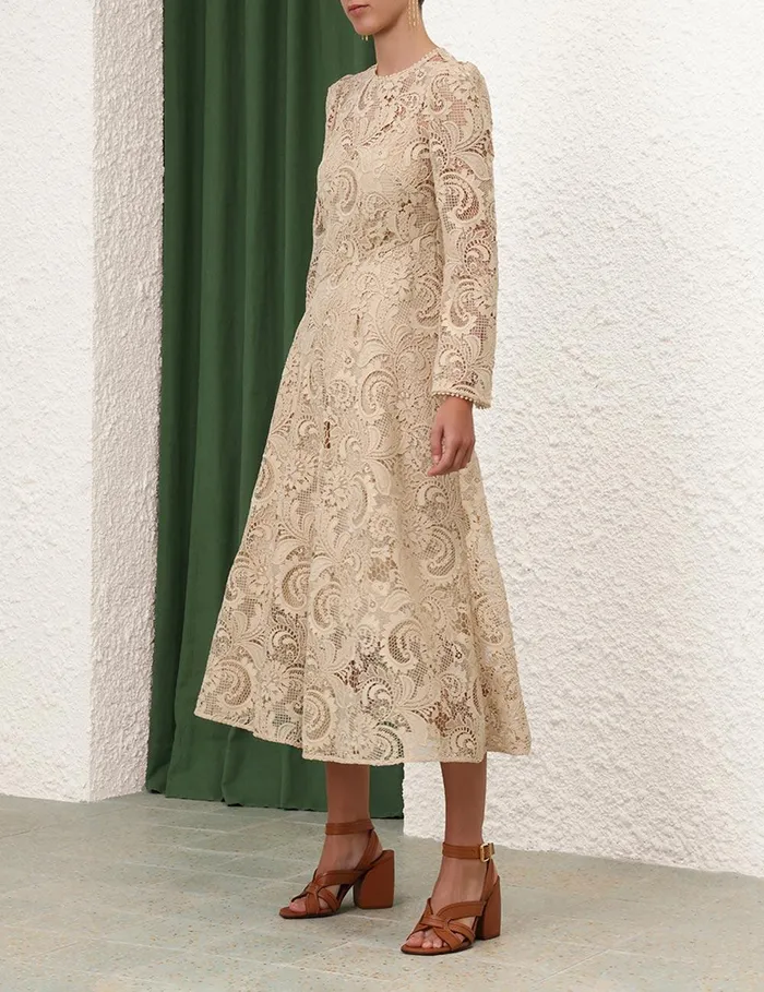 Women Clothing Zimmermann Waverly Lace Midi Dress Taupe