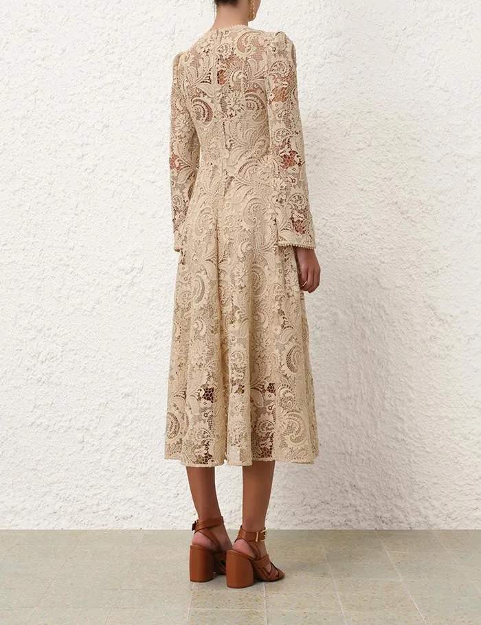 Women Clothing Zimmermann Waverly Lace Midi Dress Taupe