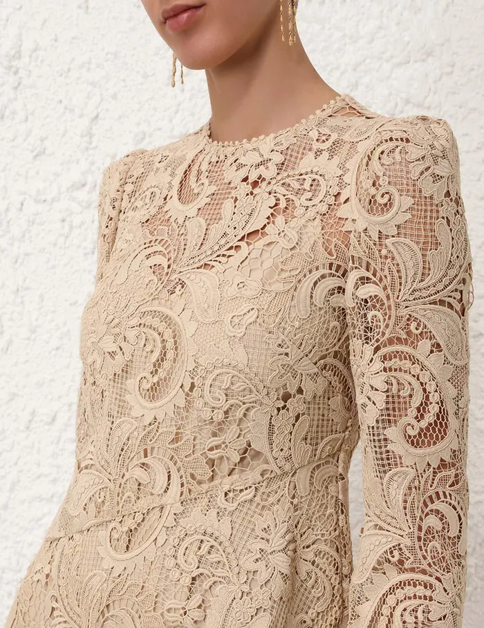 Women Clothing Zimmermann Waverly Lace Midi Dress Taupe