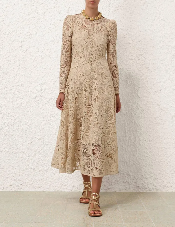 Women Clothing Zimmermann Waverly Lace Midi Dress Taupe