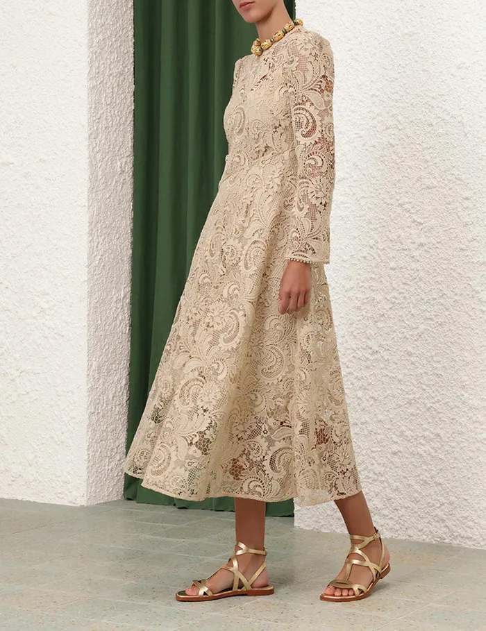 Women Clothing Zimmermann Waverly Lace Midi Dress Taupe