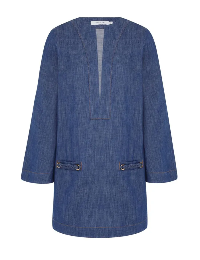 Women Clothing Zimmermann Wylie Denim Tunic Dress Railway Blue