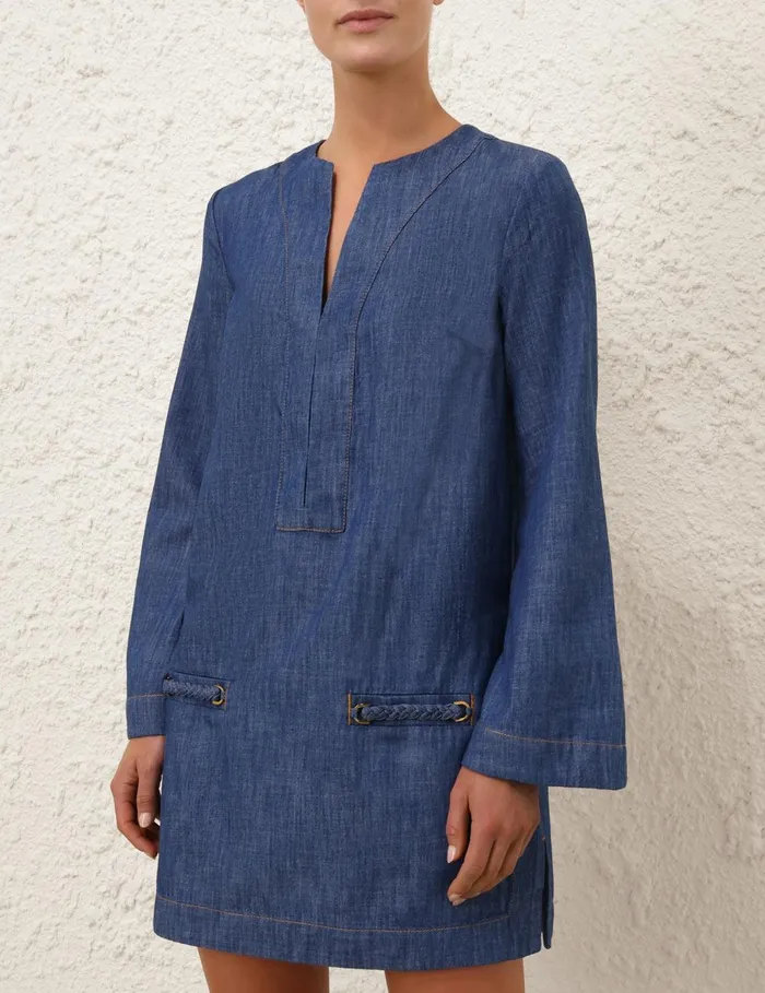 Women Clothing Zimmermann Wylie Denim Tunic Dress Railway Blue