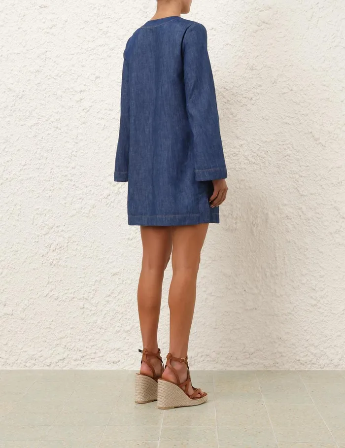 Women Clothing Zimmermann Wylie Denim Tunic Dress Railway Blue