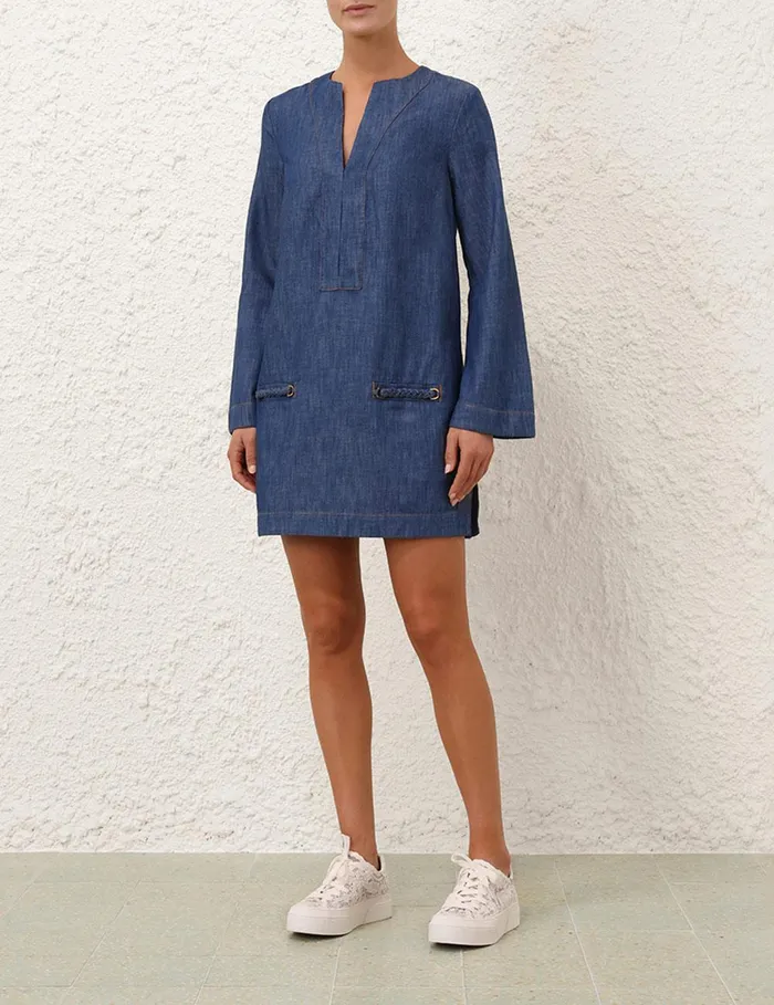 Women Clothing Zimmermann Wylie Denim Tunic Dress Railway Blue