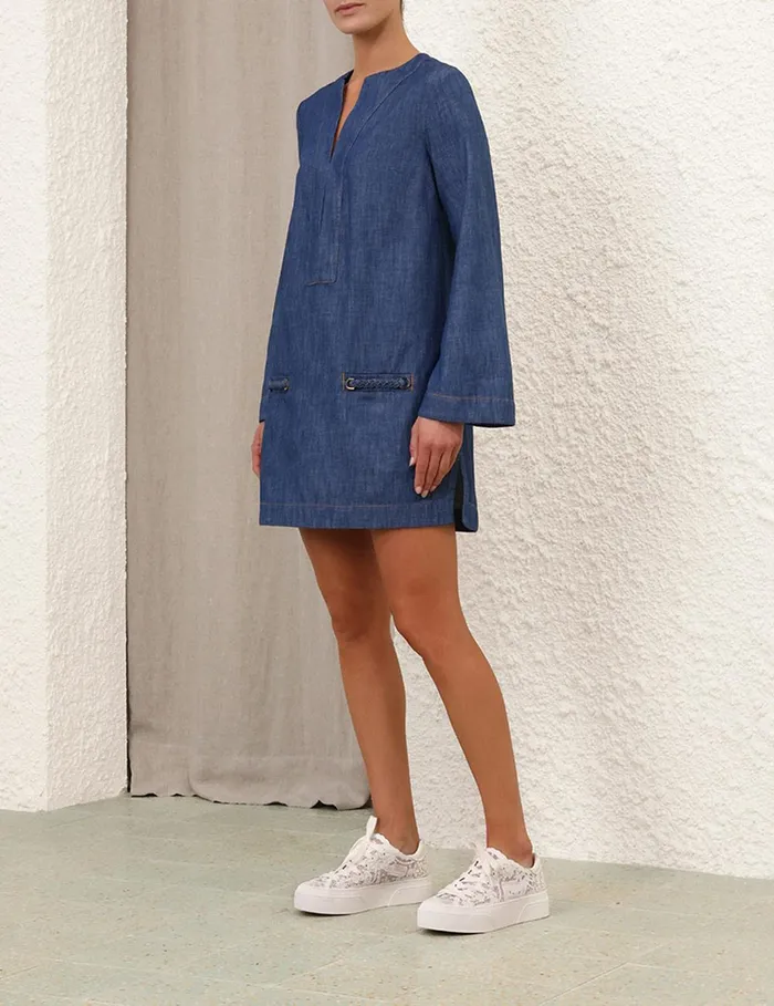 Women Clothing Zimmermann Wylie Denim Tunic Dress Railway Blue