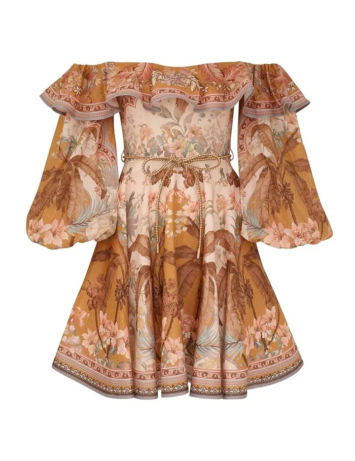 Women Clothing Zimmermann Wylie OffShoulder Mini Dress Mustard Floral