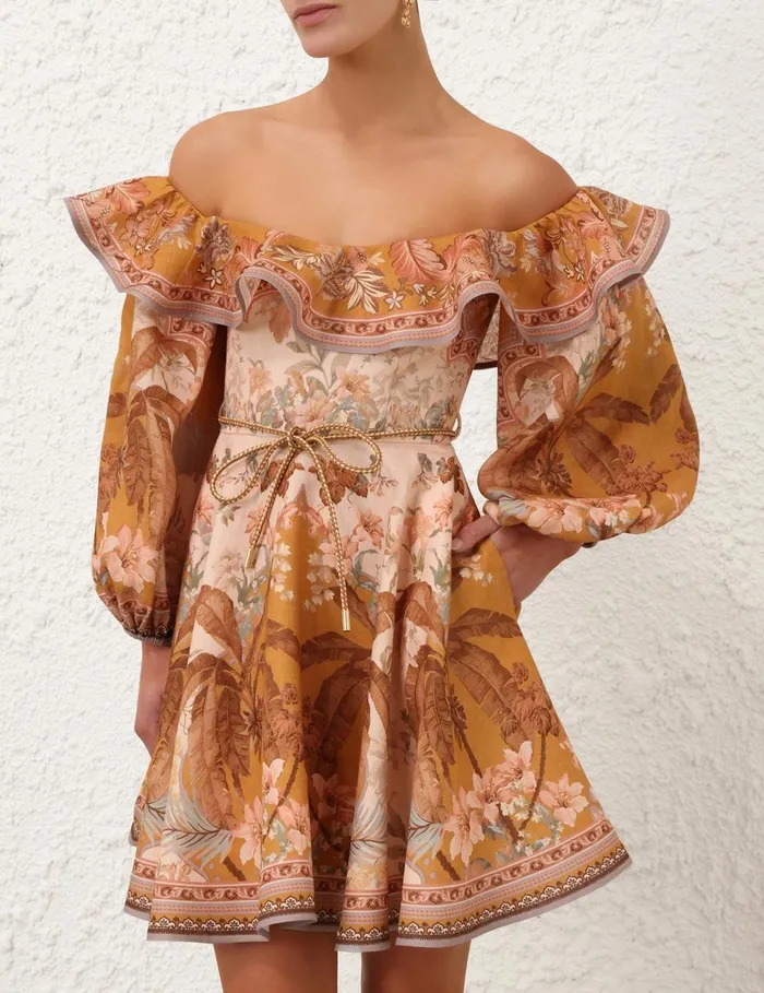 Women Clothing Zimmermann Wylie OffShoulder Mini Dress Mustard Floral