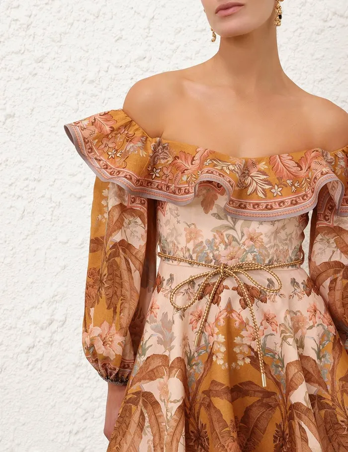 Women Clothing Zimmermann Wylie OffShoulder Mini Dress Mustard Floral