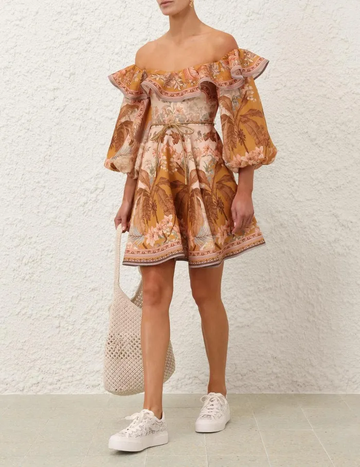 Women Clothing Zimmermann Wylie OffShoulder Mini Dress Mustard Floral