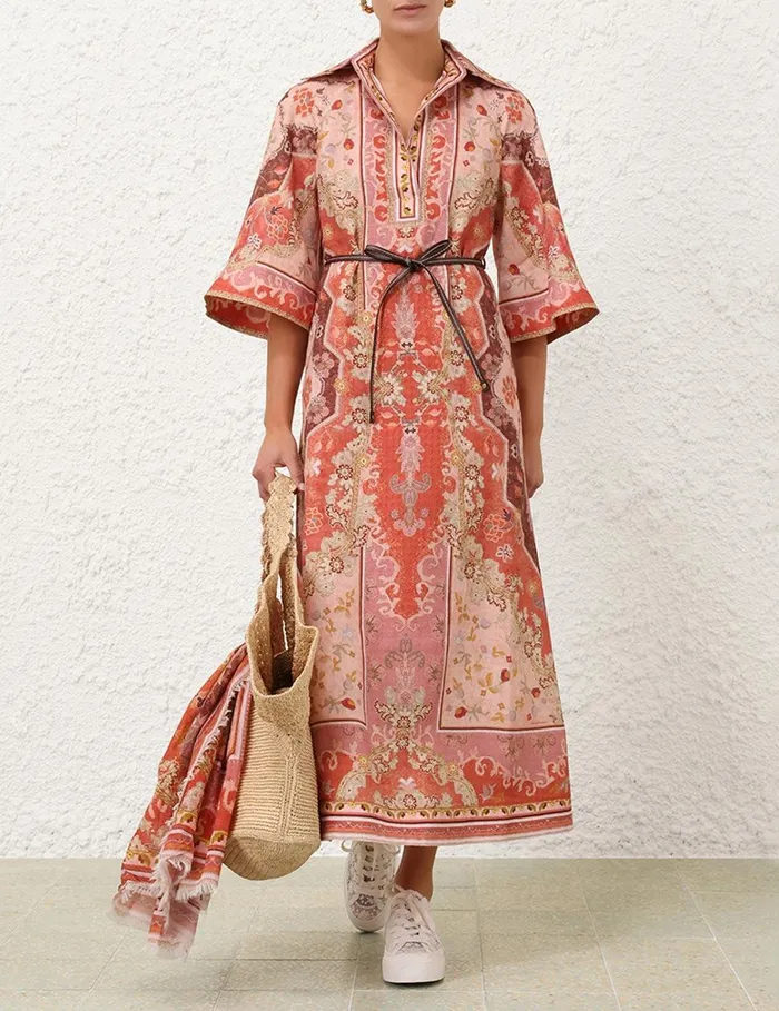 Women Clothing Zimmermann Wylie Tunic Midi Dress Rust Multi