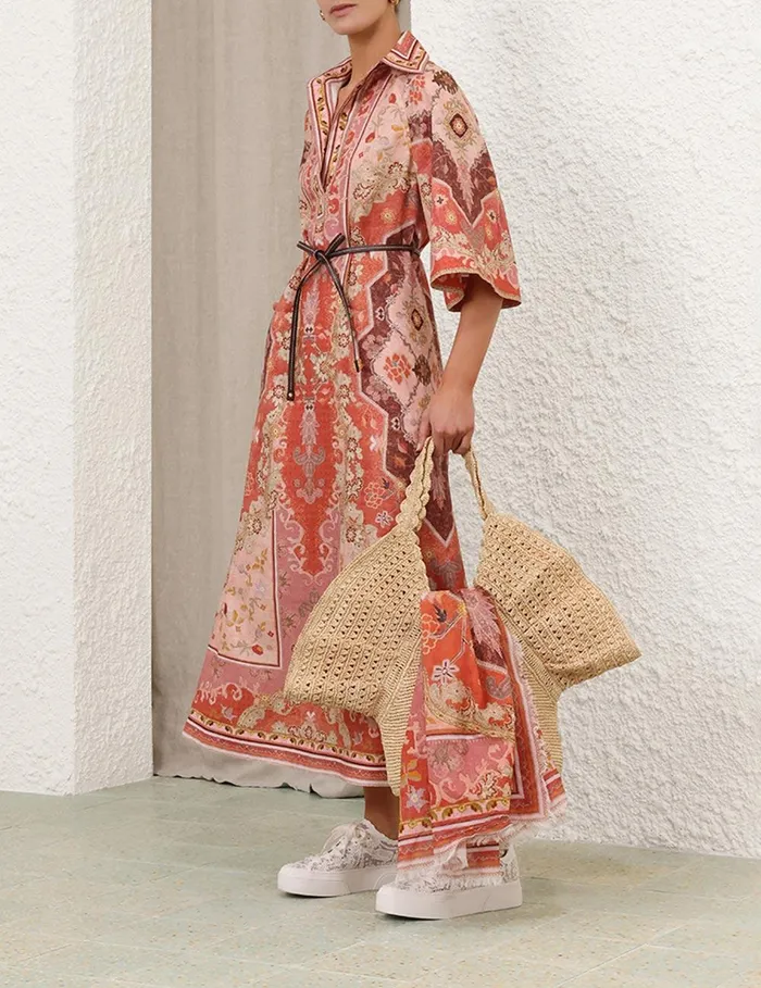 Women Clothing Zimmermann Wylie Tunic Midi Dress Rust Multi