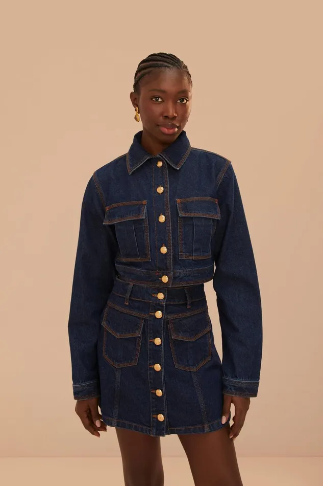 Women Crop Tops Farm Rio Dark Denim Cropped Jacket