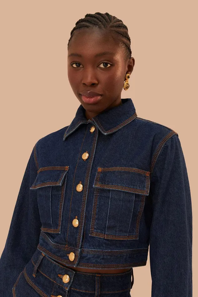 Women Crop Tops Farm Rio Dark Denim Cropped Jacket