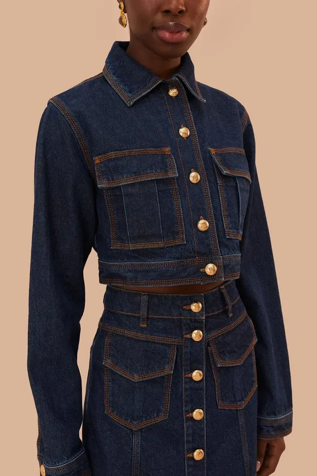 Women Crop Tops Farm Rio Dark Denim Cropped Jacket