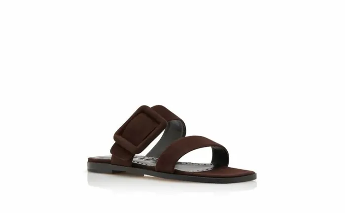Women Dark Brown Suede Flat Sandals Manolo Blahnik Flats