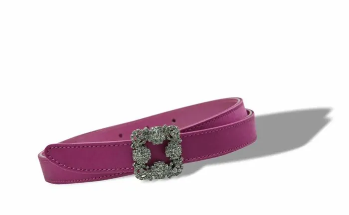 Women Dark Fuchsia Satin Crystal Buckled Belt Manolo Blahnik Belts
