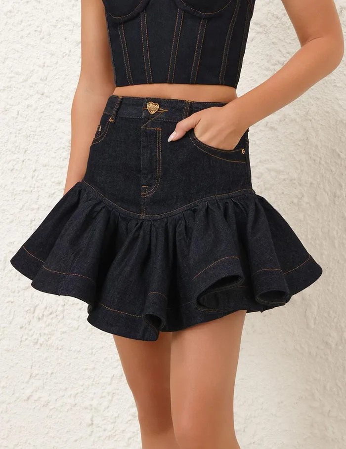 Women Denim Zimmermann Crush Denim Frill Mini Skirt Night Sky