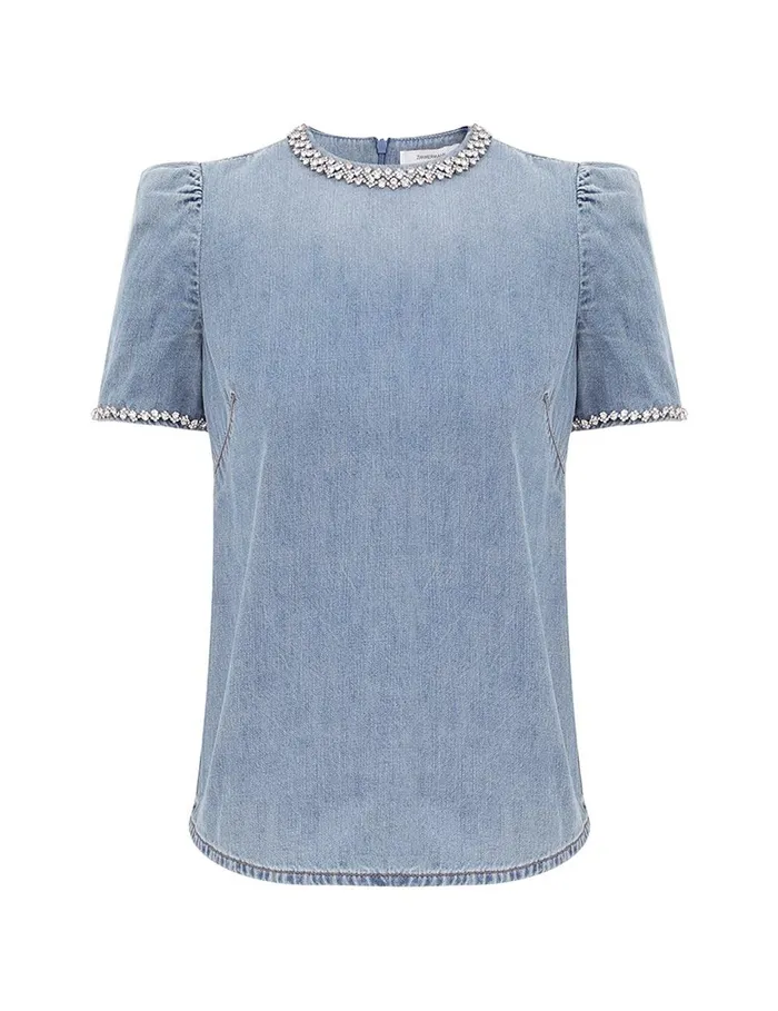 Women Denim Zimmermann Crush Embellished Denim Top Blue Moon