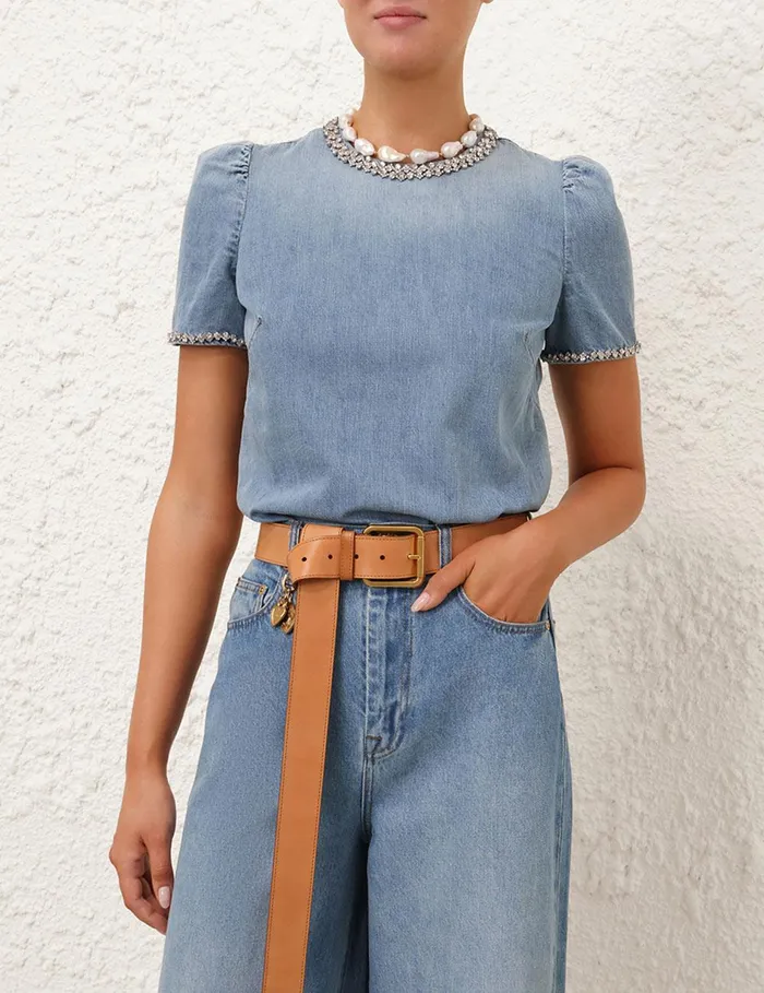 Women Denim Zimmermann Crush Embellished Denim Top Blue Moon
