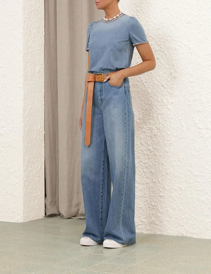 Women Denim Zimmermann Crush Embellished Denim Top Blue Moon