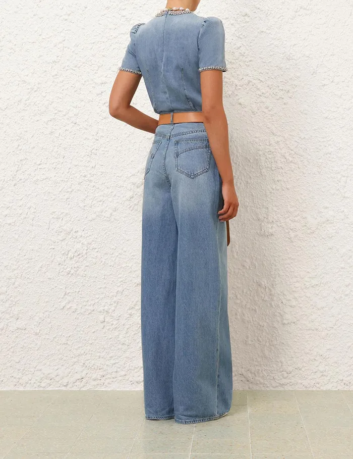 Women Denim Zimmermann Crush Embellished Denim Top Blue Moon