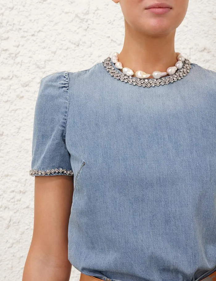 Women Denim Zimmermann Crush Embellished Denim Top Blue Moon