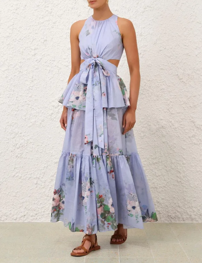 Women Dresses and Coverups Zimmermann Everley Draped Bow Midi Dress Light Blue Watercolour Floral