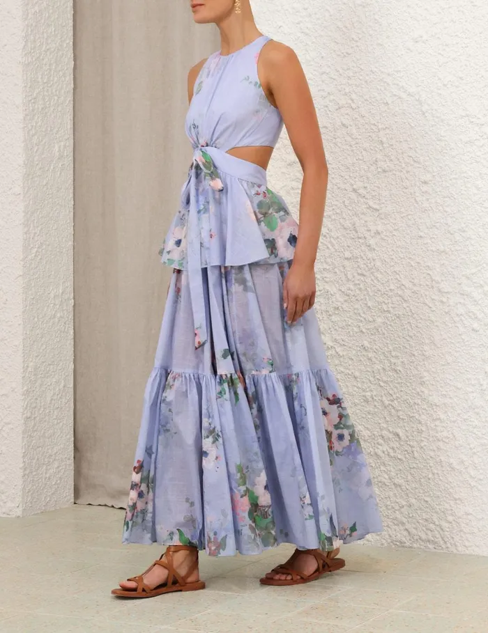 Women Dresses and Coverups Zimmermann Everley Draped Bow Midi Dress Light Blue Watercolour Floral