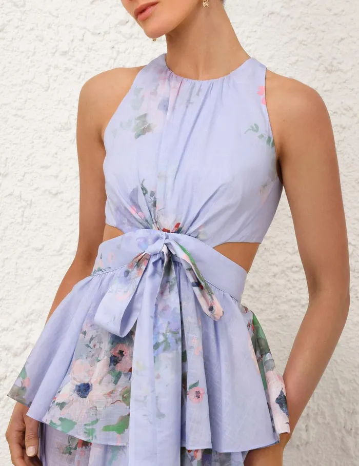 Women Dresses and Coverups Zimmermann Everley Draped Bow Midi Dress Light Blue Watercolour Floral