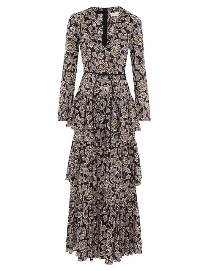 Women Dresses and Coverups Zimmermann Ottie Tiered Midi Dress Black Floral