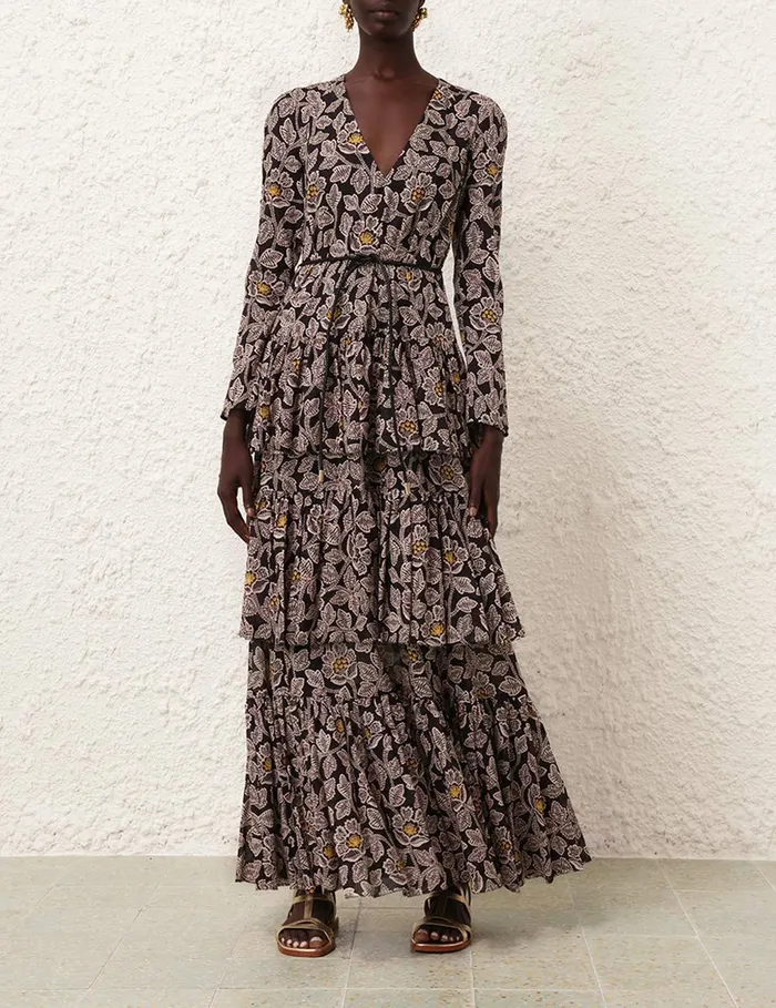 Women Dresses and Coverups Zimmermann Ottie Tiered Midi Dress Black Floral