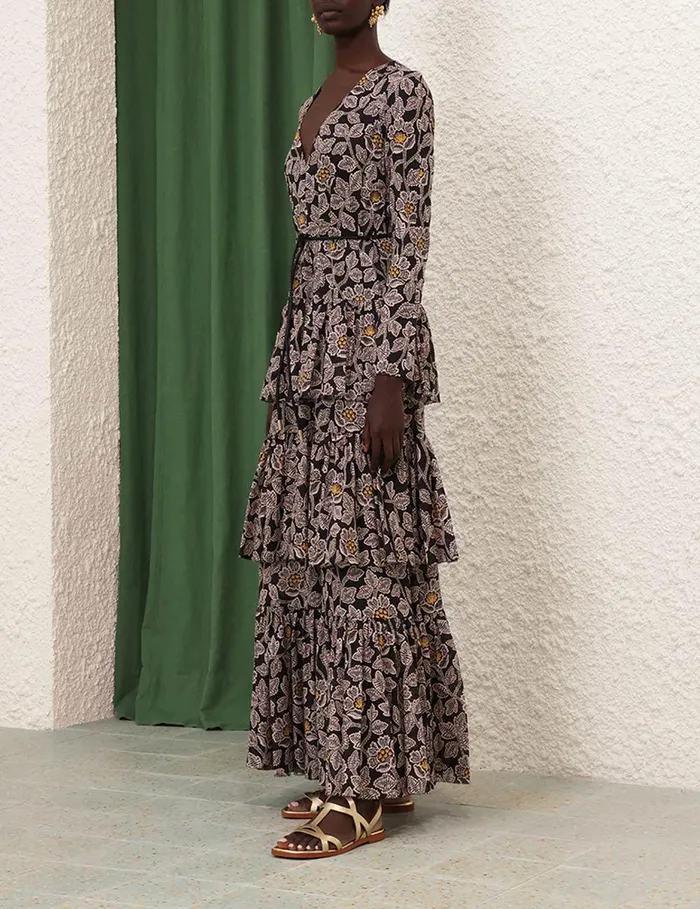 Women Dresses and Coverups Zimmermann Ottie Tiered Midi Dress Black Floral