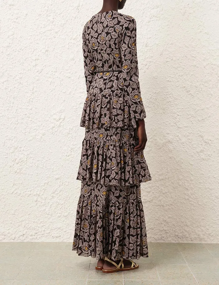 Women Dresses and Coverups Zimmermann Ottie Tiered Midi Dress Black Floral