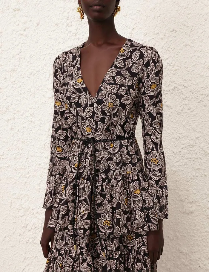 Women Dresses and Coverups Zimmermann Ottie Tiered Midi Dress Black Floral
