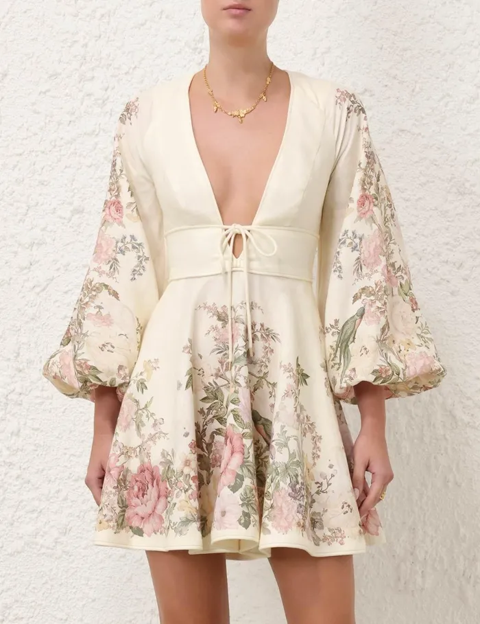 Women Dresses and Coverups Zimmermann Waverly Plunge Mini Dress Cream Floral