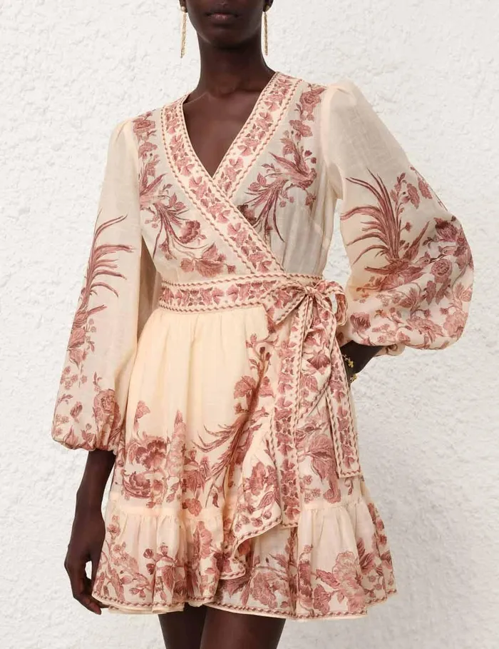 Women Dresses and Coverups Zimmermann Waverly Wrap Mini Dress Creampink Bird