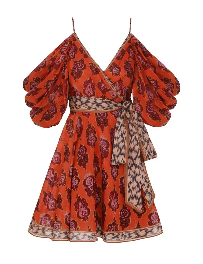 Women Dresses and Coverups Zimmermann Wylie Wrap Mini Dress Sunset Ikat