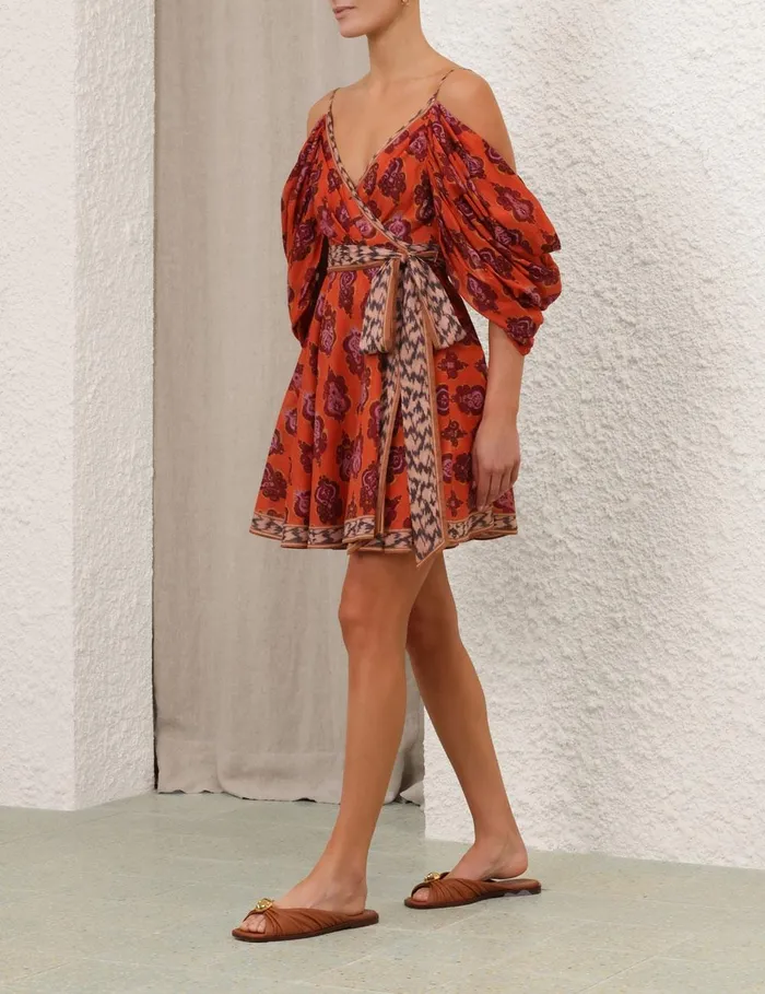 Women Dresses and Coverups Zimmermann Wylie Wrap Mini Dress Sunset Ikat