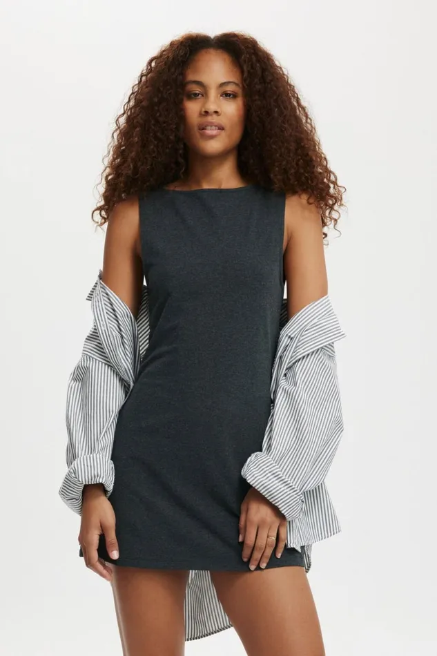 Women Dresses Cotton On Bella Boat Neck Mini Dress Charcoal Marle