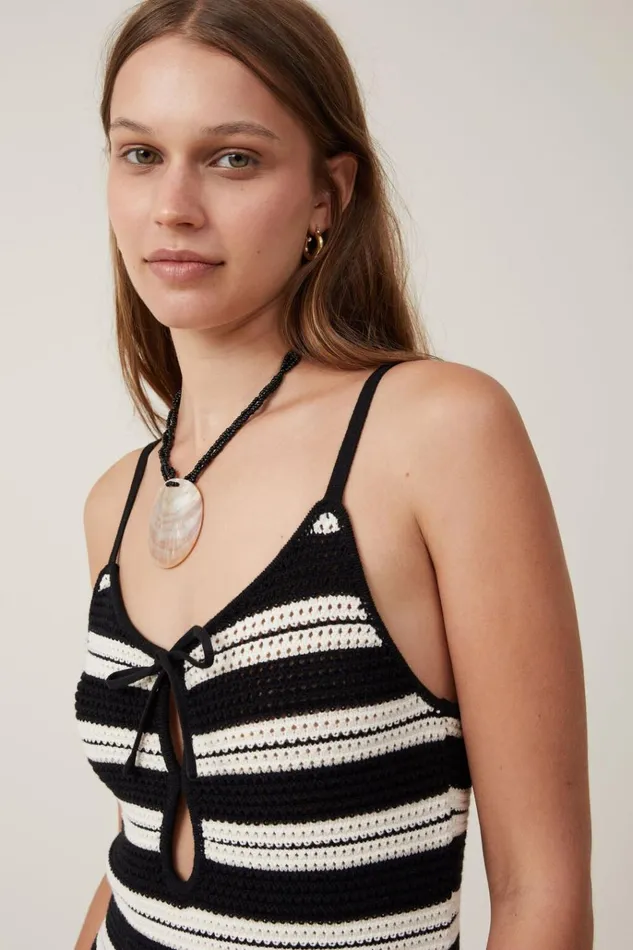 Women Dresses Cotton On Keyhole Crochet Mini Dress Aura Stripe Stone