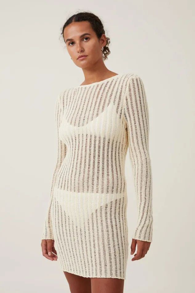 Women Dresses Cotton On Ladder Knit Mini Dress Ecru