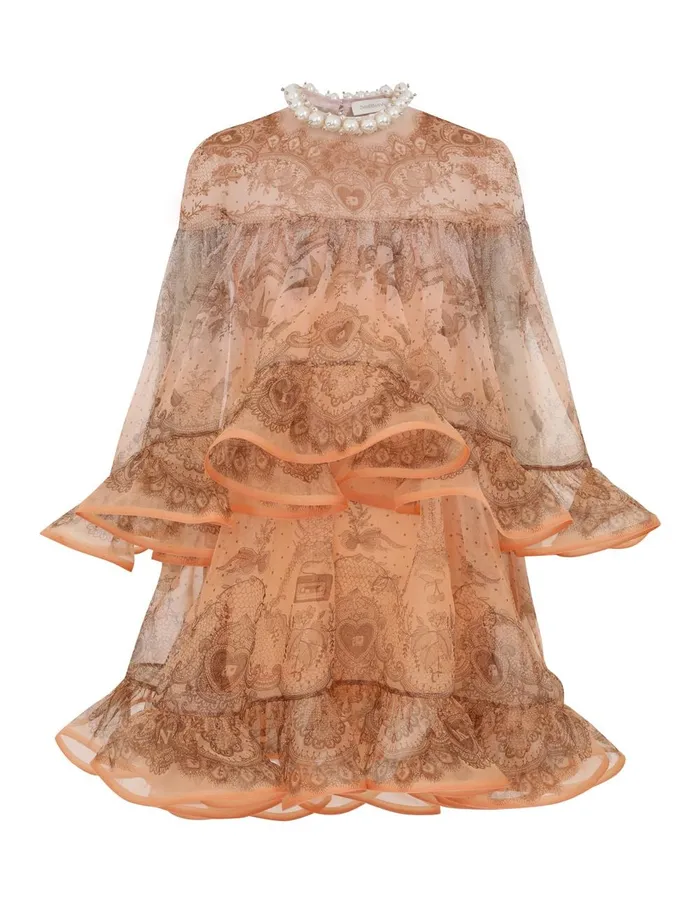 Women Dresses Zimmermann Crush Embellished Mini Dress Peach Lace Print
