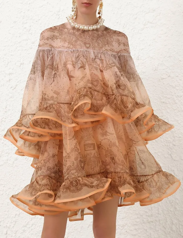 Women Dresses Zimmermann Crush Embellished Mini Dress Peach Lace Print