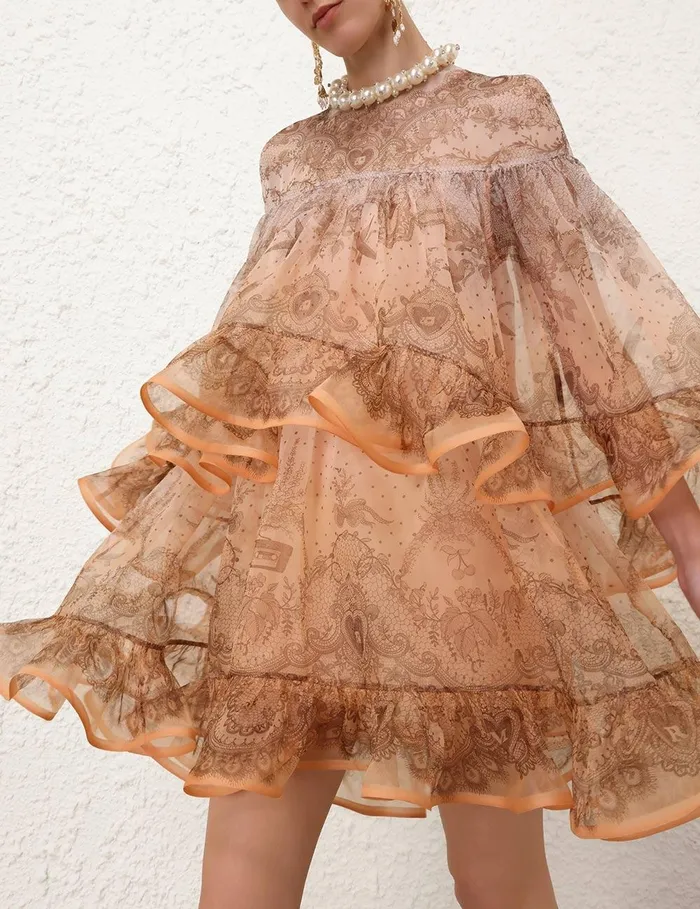 Women Dresses Zimmermann Crush Embellished Mini Dress Peach Lace Print