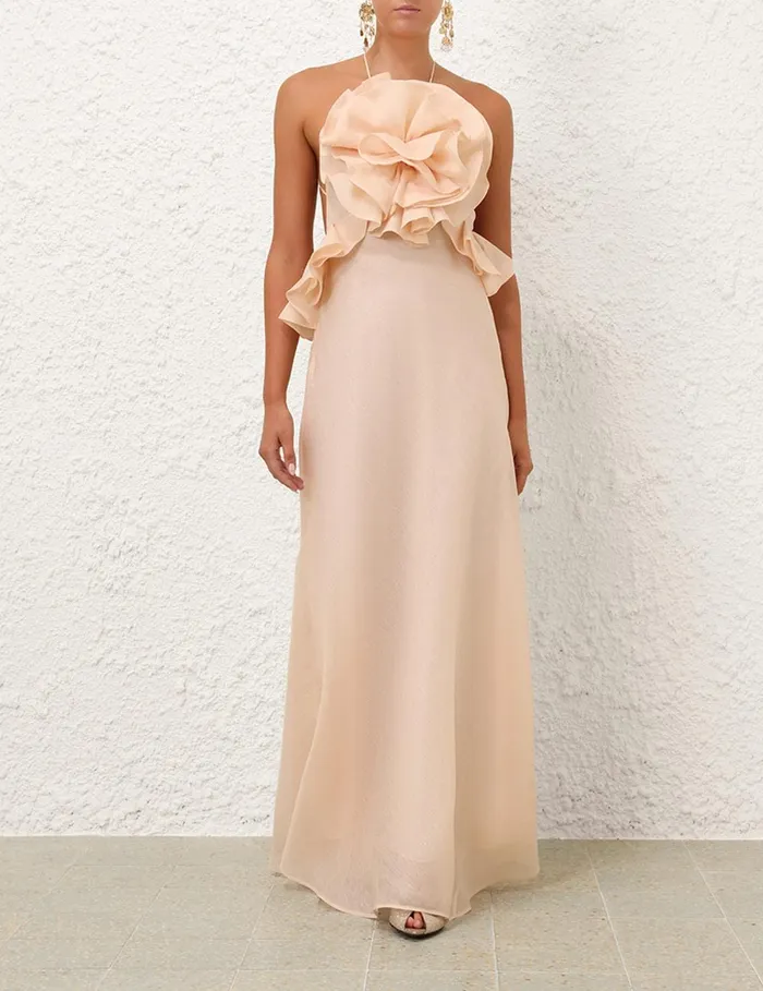 Women Dresses Zimmermann Crush Ruffle Halter Maxi Dress Peach
