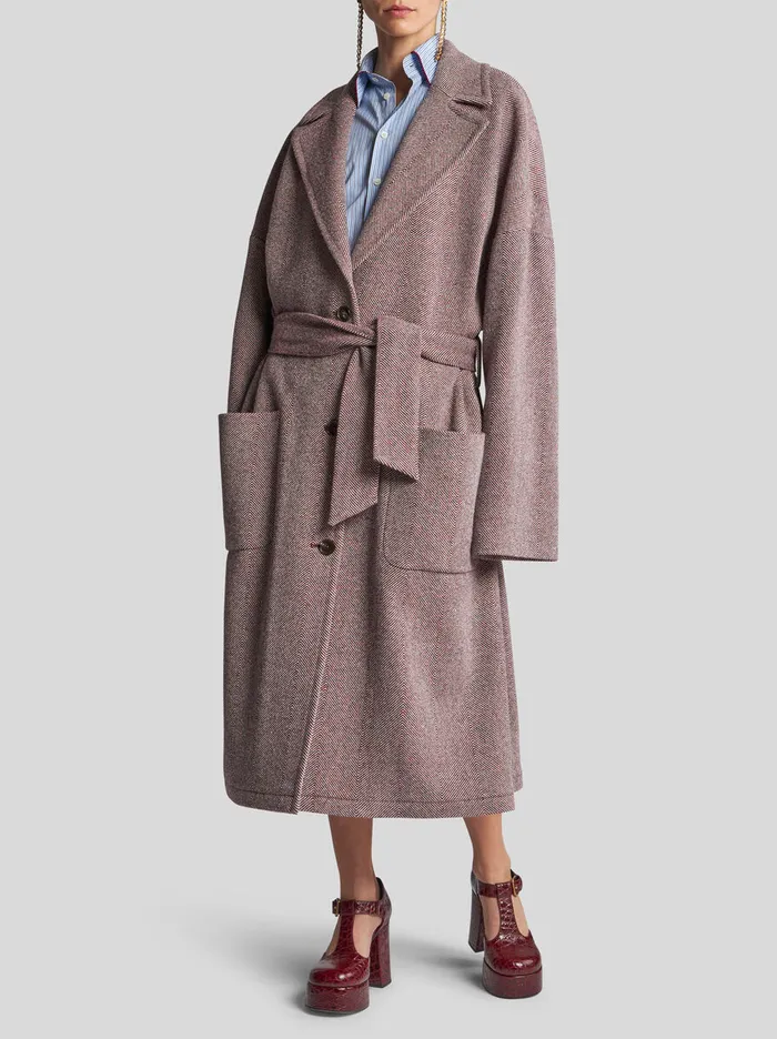 Women Etro Coats And Outerwear Wool Coat With Belt Pink Women Etro Coats And Outerwear Wool Coat With Belt Pink