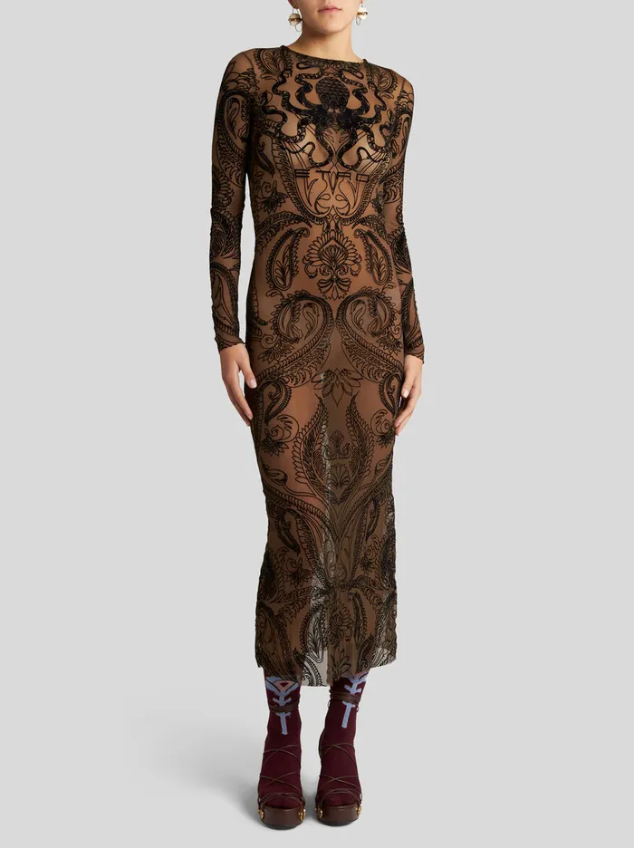 Women Etro Dresses Flocked Tulle Dress Grey Women Etro Dresses Flocked Tulle Dress Grey
